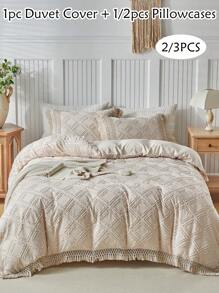 Juego de funda nórdica con estampado argyle caqui acolchado y texturizado con flecos, juego de ropa de cama bohemio shabby chic para todas las estaciones, suave y transpirable (1 funda nórdica + 1/2 fundas de almohada)