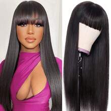 200 Density 34inch Wigs Human Hair Long Straight Wig With Bangs Peruvian Hair Wigs Glueless Machine Made Wig Silky Straight Human Hair Bang Wigs Machine Made For Women, Versatile Style For All Ethnicities - Natural Color - View 3