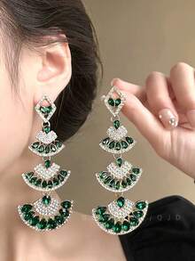 1 Đôi Hoa tai quạt cổ điển, Hoa tai dài thời trang Âu Mỹ phóng đại, Hoa tai nhiều lớp Thích hợp cho tiệc tùng/hẹn hò/sử dụng hàng ngày của phụ nữ - màu xanh lá - Xem 5