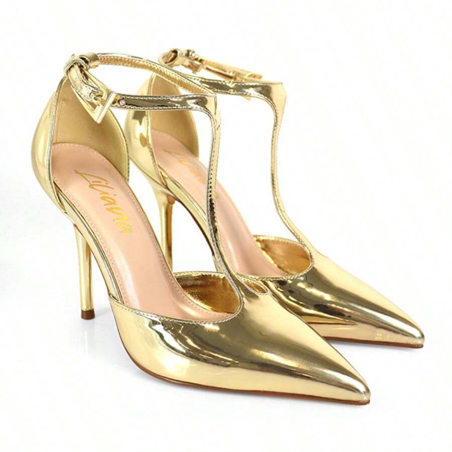 时尚女士镜面金色漆皮尖头T型带高跟凉鞋春夏度假鞋 - 金色 - 查看 1