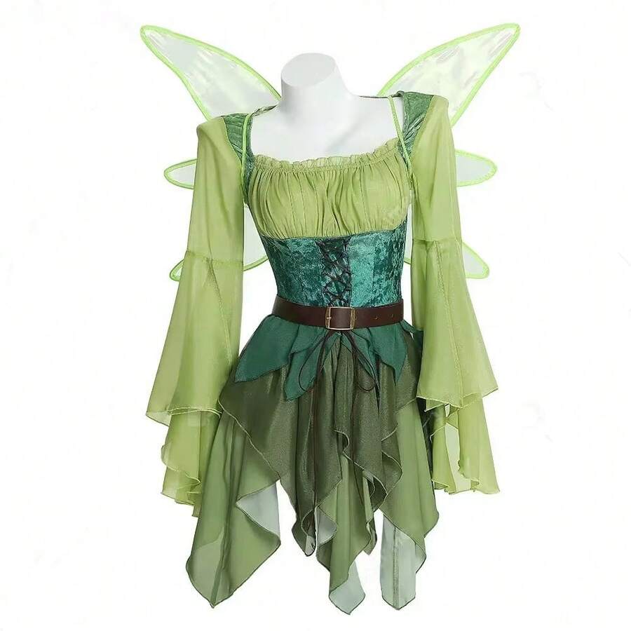 In Stock Women's Elf Medieval Magic Dress With Wings, Headband, Belt, Cosplay Costume, Hot Selling Ears - Green - View 1