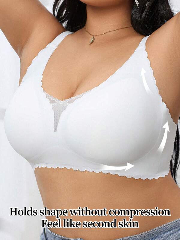 Plus Size Women Seamless Soft High Support Wireless Gather Mesh Patchwork Wave Edge Lingerie Bra Cup