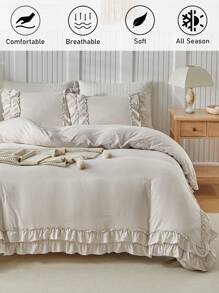 Juego de funda de edredón beige de 2/3 piezas, juego de ropa de cama estilo shabby chic de microfibra lavada suave y transpirable con volantes, funda de edredón linda para mujeres y niñas (1 edredón + 1/2 fundas de almohada)
