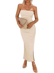 Women's Summer Bodycon Maxi Tube Dress Ribbed Strapless Side Slit Long Going Out Casual Elegant Party DressesHalloween Christmas New Year - 米色 - 查看 1