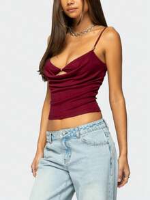 Women Cowl Neck Cami Tank Tops Layered Bra Spaghetti Strap Cutout Ruched Front Slim Fit Beaded Camisole Crop Tops Summer Sexy Backless Sleeveless Vests Shirts Party Club Going Out Tops Streetwear - 酒紅色 - 查看 4