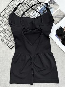 性感健身连体衣女式交叉可调节运动连体裤跑步连体瑜伽服紧身短裤露背套装连体衣