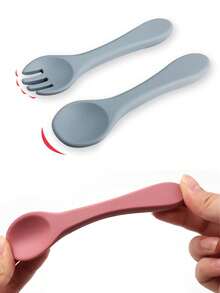 2 Pieces Baby Silicone Fork And Spoon; Children's Learning To Eat Training Utensils; Infant Feeding Accessory Fork And Spoon.