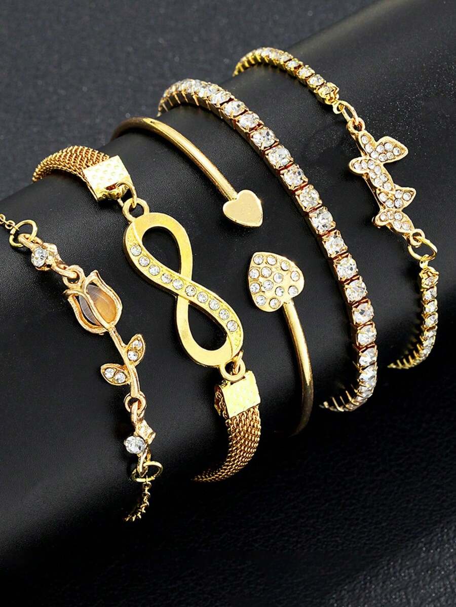 5件套时尚优雅郁金香、无限符号、蝴蝶锆石镀金手链套装