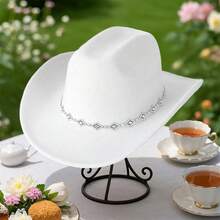 Men Women Felt Cowgirl Hat Wide Brim Jazz Cap Stylish Sparkly Belt Western Cap For Daily Life  Party - 白色 - 查看 4