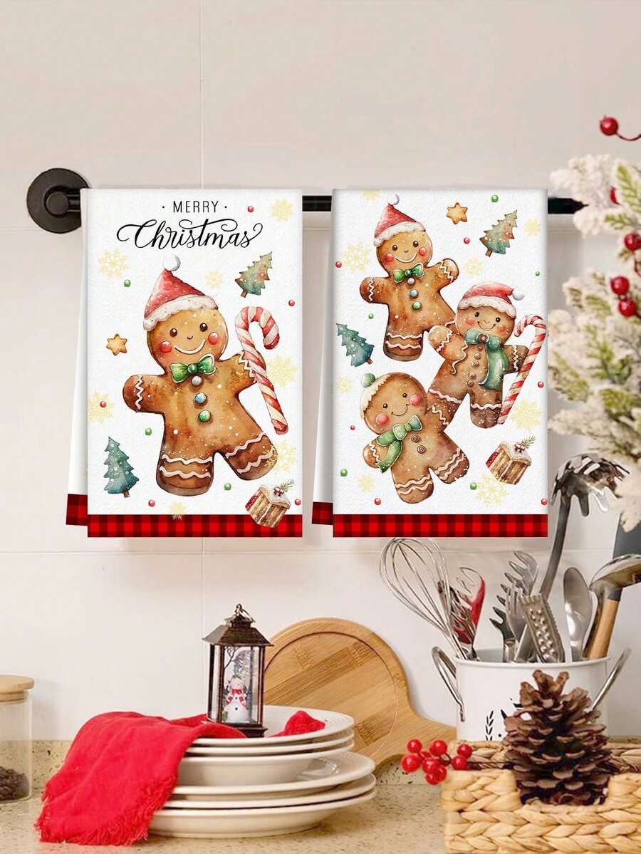 2pcs Christmas Kitchen Towels, Gingerbread Man Red Plaid Design Pattern, Reusable Kitchen Decoration Towels, Suitable For Christmas Kitchen Towels, Happy New Year 2026, Christmas Kitchen Cleaning Supplies - Christmas Decoration Towel-04 - View 1