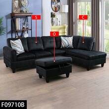 Plush Black Flannel 3-Piece Sofa Set With Storage Ottoman | [2 Options]2 Purchase Options: Complete Set With 2 Pillows Or Ottoman Only, Premium Sectional Couch With Solid Wood Frame, Easy Assembly - 黑色 - 查看 3