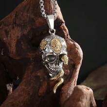 SeuSuk 1pc Gothic Snake Wrapped Skull Pendant Necklace, Suitable For Men, Hiphop, Rock, Daily Wear, Jewelry Gift - Gold - View 4