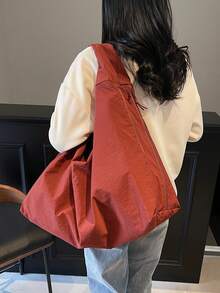 Fashionable Solid Color High-Capacity Multi-Pocket Shoulder Underarm Tote Bag - Red - View 2
