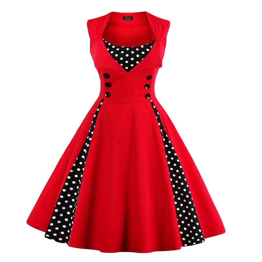 Vestido de mujer estilo vintage rockabilly de los años 50: sin mangas, con cuello en pico, estampado de lunares y floral, ideal para cócteles. - Rojo - Ver 1