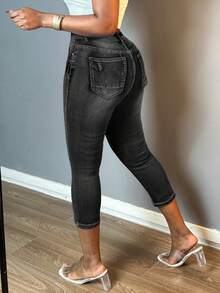 Women Fashion Vintage Washed Denim Pants Small Legs Button-Up Zipper Open Slim-Fit Stretchy Jeans - 灰色 - 查看 5