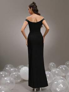 New Women's Luxury Heavy Industry Shiny Diamond Design Sexy Long Bandage Dress With One Piece Collar Shoulder Sleeve Water Diamond Tassel Design Tight Fit Fork To Thigh Long Dress For Women's Festivals/Weddings/Parties/Banquets/Women's Formal Banquets Dress - Black - View 7