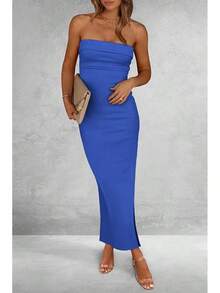 Women's Summer Bodycon Maxi Tube Dress Ribbed Strapless Side Slit Long Going Out Casual Elegant Party DressesHalloween Christmas New Year - 藍色 - 查看 6