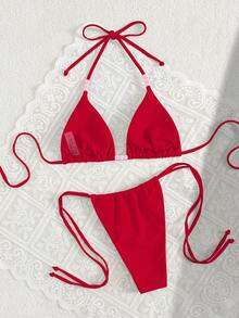 女士性感时尚两件式黄色比基尼泳衣，夏季海滩 - 紅色 - 查看 5