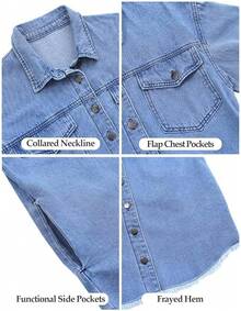 Vetinee Women's Oversized Button Up Frayed Hem Shacket Long Sleeve Pockets Denim Jean Jacket - Wave Blue - 查看 6