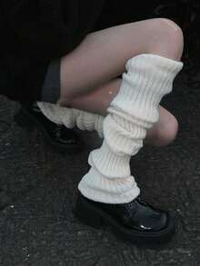 1 Pair Women's Solid Vertical Striped Knit Thigh High Socks, Cute JK Style Leg Shaping Socks Suitable For Daily/Lolita Outfits