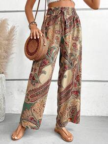 Women's High-Waisted Wide-Leg Pants, Summer Fashion, Versatile, Printed, Elastic, Casual, Suitable For Beach Dates - Màu Khaki - Xem 2