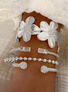 1pc Vintage Elegant Floral Design Metal Feeling Wide Bangle, Adjustable Open Cuff Bracelet, Suitable For Women, Summer Beach, Party, Music Festival, Date, Gift, Daily Commute Jewelry Accessory