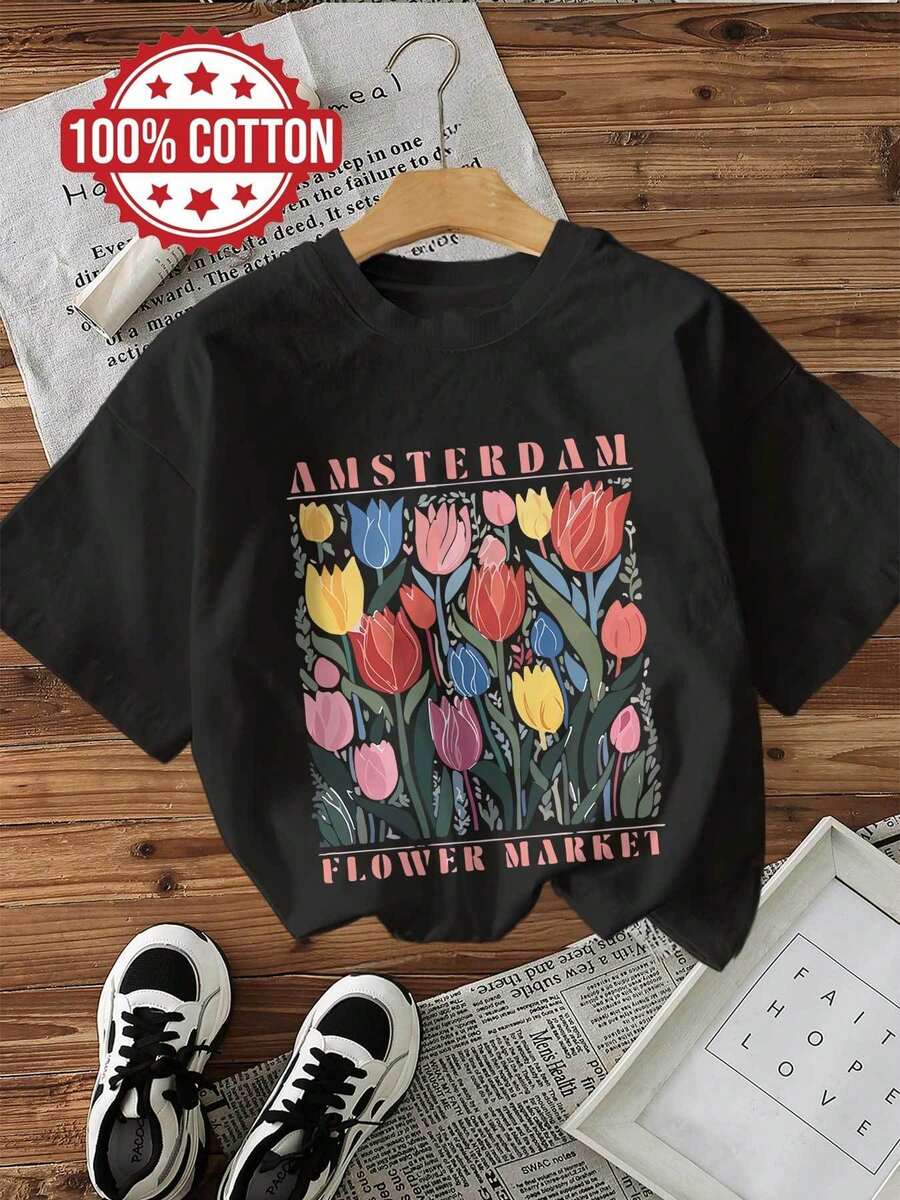 Unisex Plus Size Fresh Style Tulip Market AMSTERDAM FLOWER MARKET Word Print Short Sleeve Round Neck Cotton T-Shirt - 黑色 - 查看 1