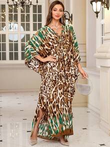 Women's Leopard Print Batwing Sleeve Loose V-Neck Bohemian Style Long Dress Robe - Multicolor - View 7