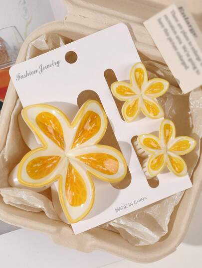 3개/세트 카드 포장 ABS 소재 신선한 과일 레몬 UV 프린트 플루메리아 콤비네이션 헤어 클립, 해변 휴가 스타일, 봄/여름 헤어 액세서리 패션 클로 클립 여성 헤어 클러치 여성 헤어 클램프 우아한 헤어 죠 클립 플라워 클립 헤어 가을 액세서리 가을 겨울용