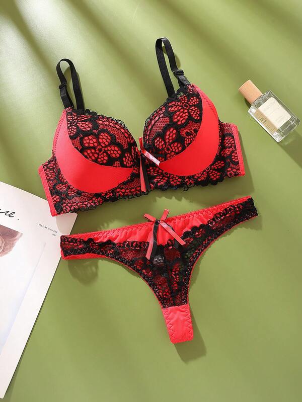 Conjunto de calcinha e sutiã francês sexy e moderno com contraste de cores e renda, conjunto de lingerie em decote profundo com decote profundo