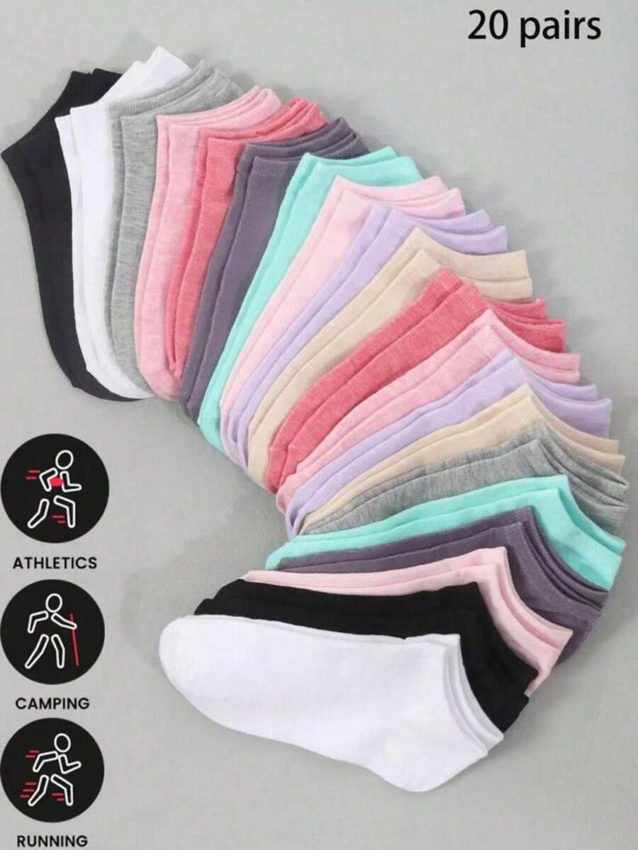 20/30/40 زوج جوارب صيفية قصيرة متعددة الألوان للنساء، جوارب ضحلة رقيقة، جوارب كاحل، ألوان عشوائية، جوارب خريفية