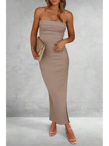 Women's Summer Bodycon Maxi Tube Dress Ribbed Strapless Side Slit Long Going Out Casual Elegant Party DressesHalloween Christmas New Year - 卡其色 - 查看 6