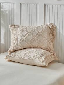 Juego de funda nórdica con estampado argyle caqui acolchado y texturizado con flecos, juego de ropa de cama bohemio shabby chic para todas las estaciones, suave y transpirable (1 funda nórdica + 1/2 fundas de almohada)