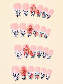 24 buc unghii adezive pentru unghii, model toamnă și iarnă, verde gradient, imprimeu leopard, flori 3D, mărgele aurii, migdale, accesorii pentru unghii și 1 bandă de pilă de unghii + 1 bucată de lipici jeleu