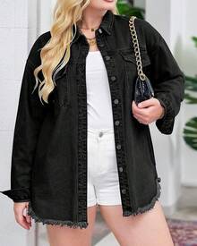 Vetinee Women's Oversized Button Up Frayed Hem Shacket Long Sleeve Pockets Denim Jean Jacket - 純黑色 - 查看 4
