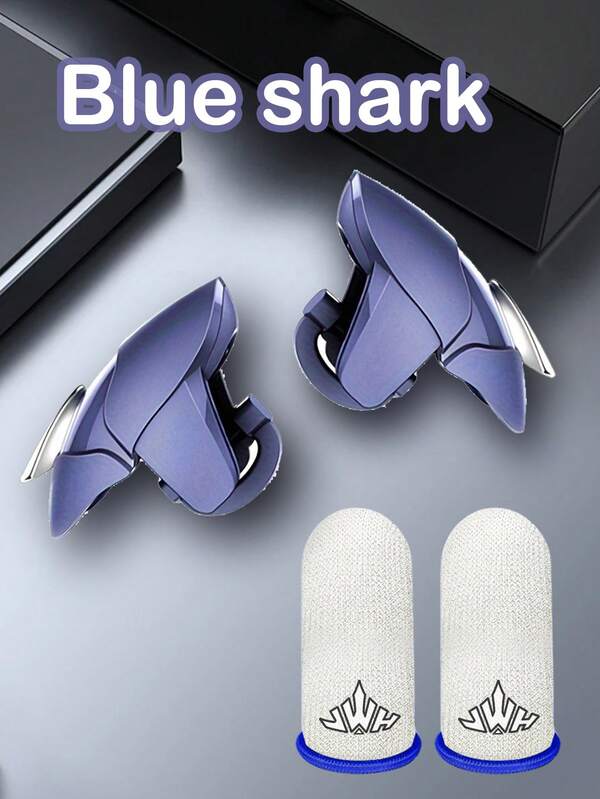 1 par de mangos de juego de tiburón azul, accesorios de juego, agarre cómodo y experiencia de disparo precisa y suave, accesorios de juego móvil automático, botón de disparo sensible al objetivo inteligente + 2 piezas de fundas para dedos de juego