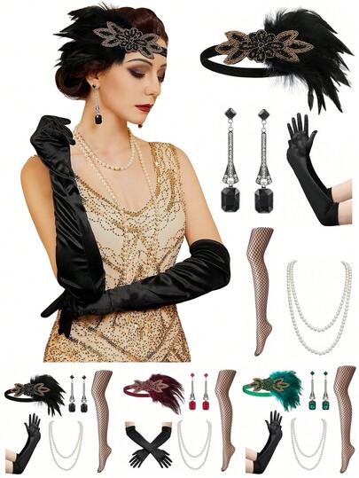 6 قطع من إكسسوارات فلابر من عصر العشرينات، إكسسوارات زي جاتسبي العظيم، إكسسوارات فلابر من العشرينات تشمل شريط الرأس المرصع باللؤلؤ وقلادة اللؤلؤ والقفازات والجوارب الحريرية