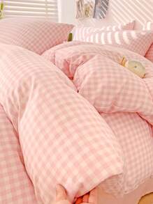 3pcs Pastel Plaid Print Duvet Cover Set, Suitable For Girls & Students, Fresh & Petite, Super Soft & Cute, All Season, Microfiber Duvet Cover Bedding Set, Polyester, Fits Twin/Full/Queen Size Bed - Baby Pink - View 4