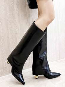 卡其色阔腿裤女筒靴，2025年新款夏季尖头直筒高筒靴，西部牛仔靴，黑色靴子 - 黑色 - 查看 5