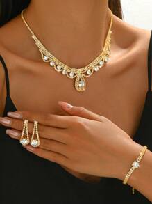 1pc Women's Necklace + 1 Pair Women's Earrings + 1pc Women's Bracelet 4-Piece Set, Big Crystal Necklace Jewelry Set, Suitable For Wedding, Daily Wear, Vacation, Photography, Halloween, Music Festival, Etc. - Silver - View 6