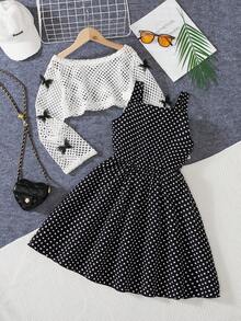 2 件套女孩夏季时尚服装，白色菱形网眼披肩搭配 3D 蝴蝶袖 + 黑色波尔卡圆点吊带裙，时尚休闲套装，适合日常穿着 - 黑色 - 查看 2