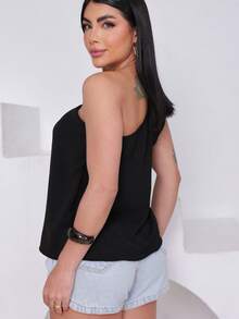 Women's Single Strap Blouse With Gold Organic Buckle, Duna Fabric, One Shoulder, Elegant Mule Sleeve, M, L, XL - 黑色 - 查看 5