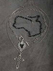 3pcs Vintage Gothic Style Beaded Black Heart OT Chain, Punk Rock Retro Sweet Goth Cross Necklace, Dark Gothic European & American Y2K Choker Necklace Design