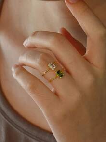 1 件女士锆石诞生石戒指金色不锈钢诞生石开口戒指简约圣诞生日珠宝礼物 - 彩色 - 查看 3