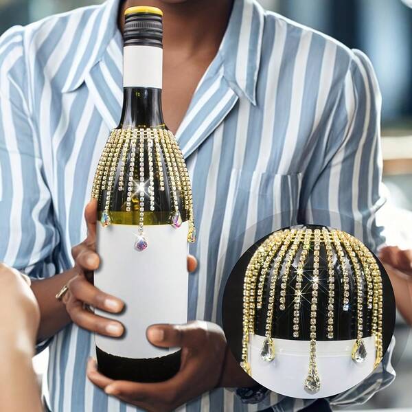 1pc Elegant Crystal Wine Bottle Pendant Decor, Tassel Wine Bottle Topper, Wedding Engagement Table Decoration, Metallic Tabletop Ornament With Teardrop & Bead Accents, Perfect For Christmas, Valentine's Day, Thanksgiving, New Year - Home, Restaurant & Party Decor, Luxury Gift Idea, Wine Decoration, Celebration Accessory