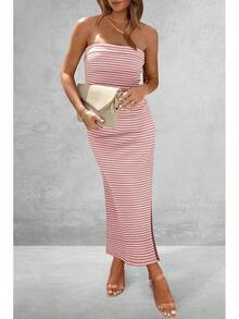 Women's Summer Bodycon Maxi Tube Dress Ribbed Strapless Side Slit Long Going Out Casual Elegant Party DressesHalloween Christmas New Year - 條紋粉紅色白色 - 查看 4