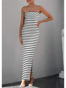 Women's Summer Bodycon Maxi Tube Dress Ribbed Strapless Side Slit Long Going Out Casual Elegant Party DressesHalloween Christmas New Year - 寬條紋黑白 - 查看 8