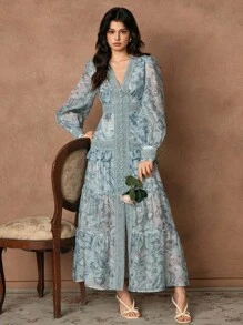 Savoree New Summer Floral Print V-Neck Chiffon Ruffle Trim Splice Long Sleeve Vacation Dress