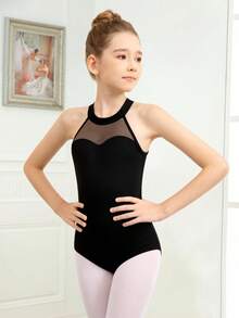 Girl Ballet Dance Leotard Mesh Neckline Back Water Drop-Shaped Hollow Leotard For Back To School Dancing Practice - Black - View 2