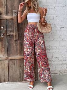 Women's High-Waisted Wide-Leg Pants, Summer Fashion, Versatile, Printed, Elastic, Casual, Suitable For Beach Dates - 紅色 - 查看 1
